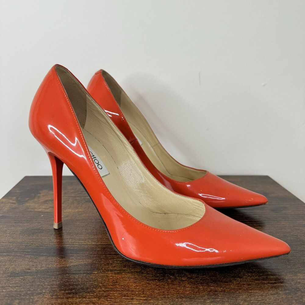 Jimmy Choo Abel Patent Leather Classic Pumps Size 38.5 US 8.5 Orange Stiletto - Picture 1 of 13